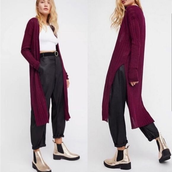 Free People Ribby Rib Linen Blend Long Cardigan Duster Maroon - Picture 1 of 11